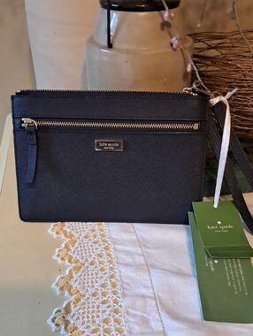 Kate Spade Blue Saffiano Leather Wristlet Clutch with Front Zip